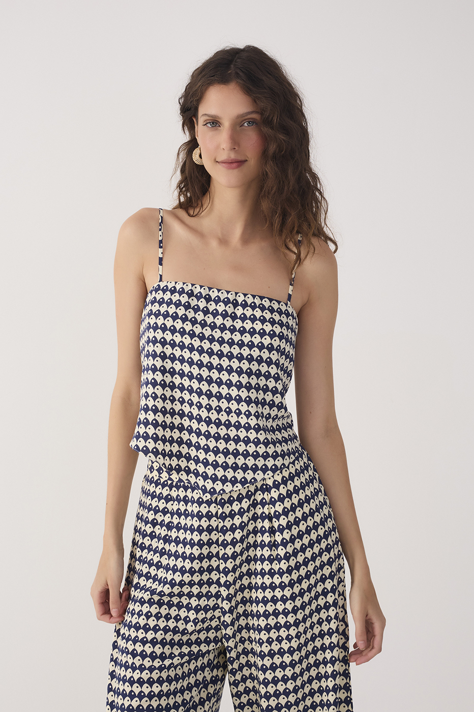 Blue Escama Square Neck Back Ties Blouse