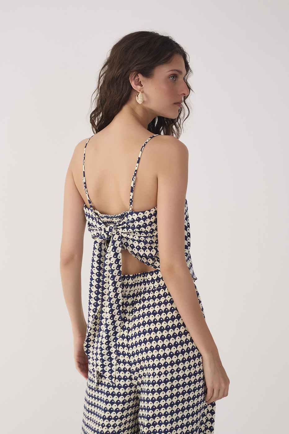 Blue Escama Square Neck Back Ties Blouse