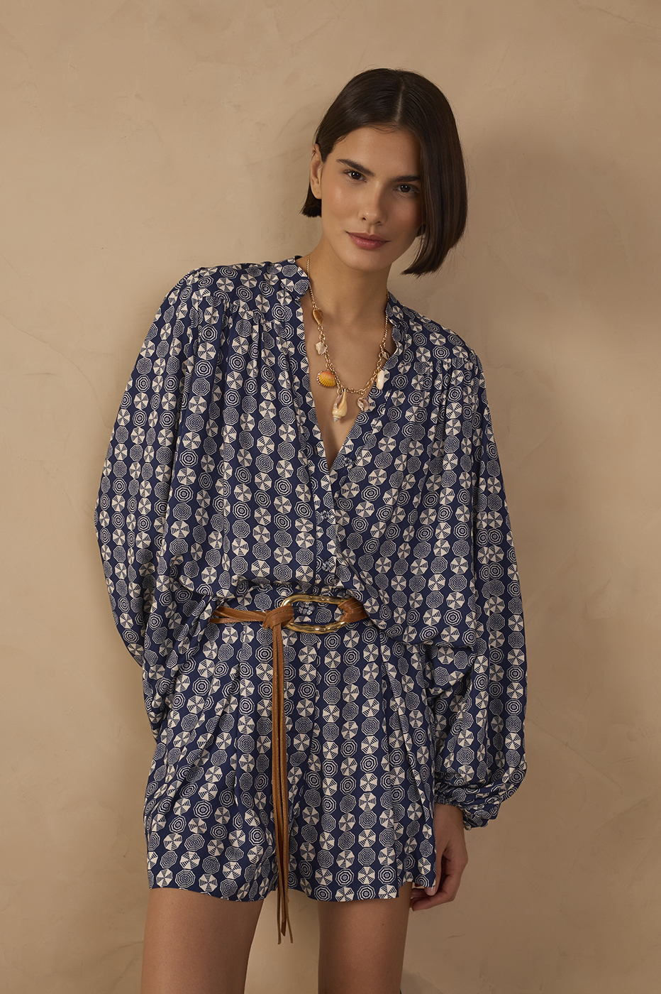 Blue Guarda-sol V Neck Puff Sleeve Blouse