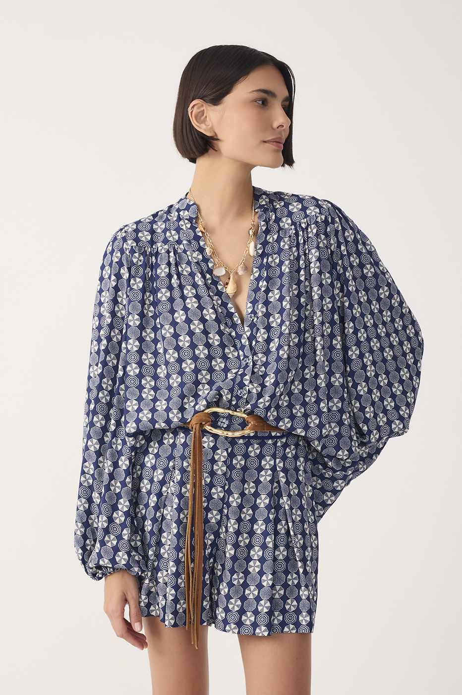 Blue Guarda-sol V Neck Puff Sleeve Blouse