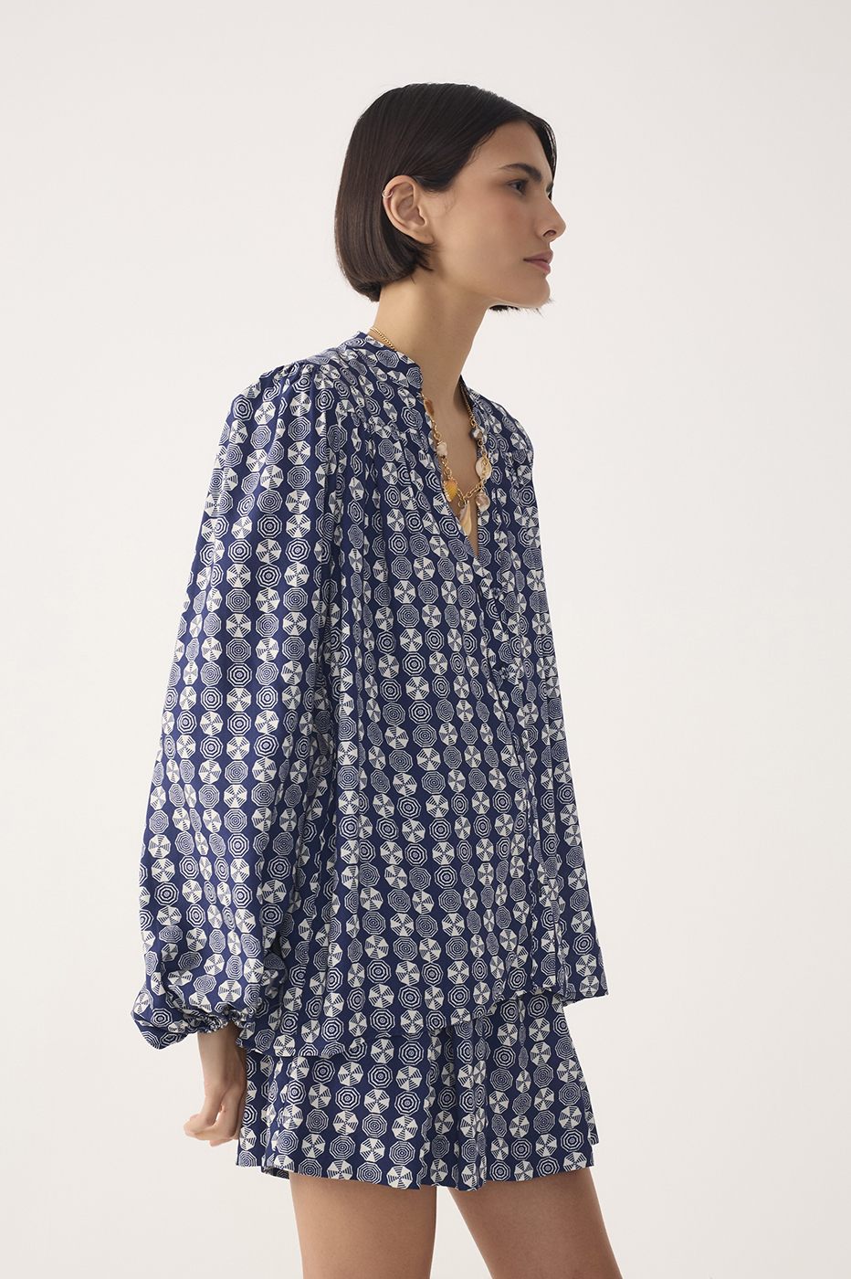Blue Guarda-sol V Neck Puff Sleeve Blouse