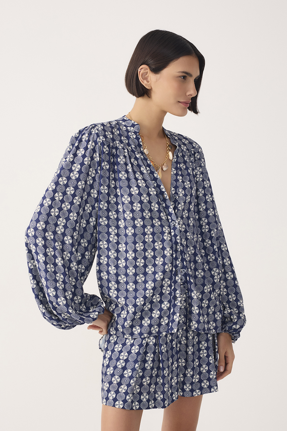 Blue Guarda-sol V Neck Puff Sleeve Blouse