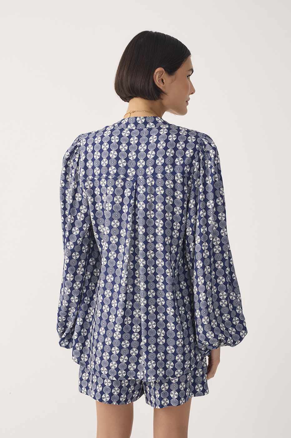 Blue Guarda-sol V Neck Puff Sleeve Blouse