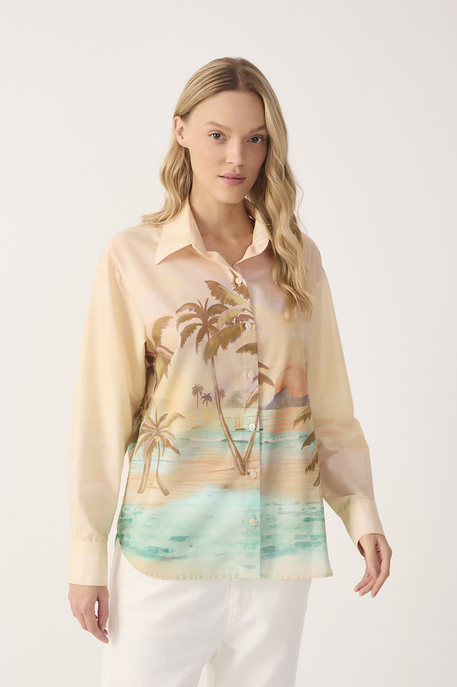 Beige Veranil Collared Buttoned Cotton Shirt
