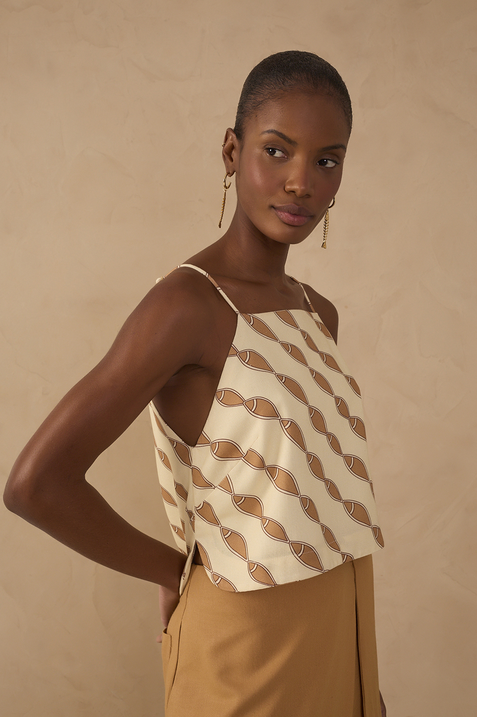Beige Cardume Square Neck Sleeveless Blouse