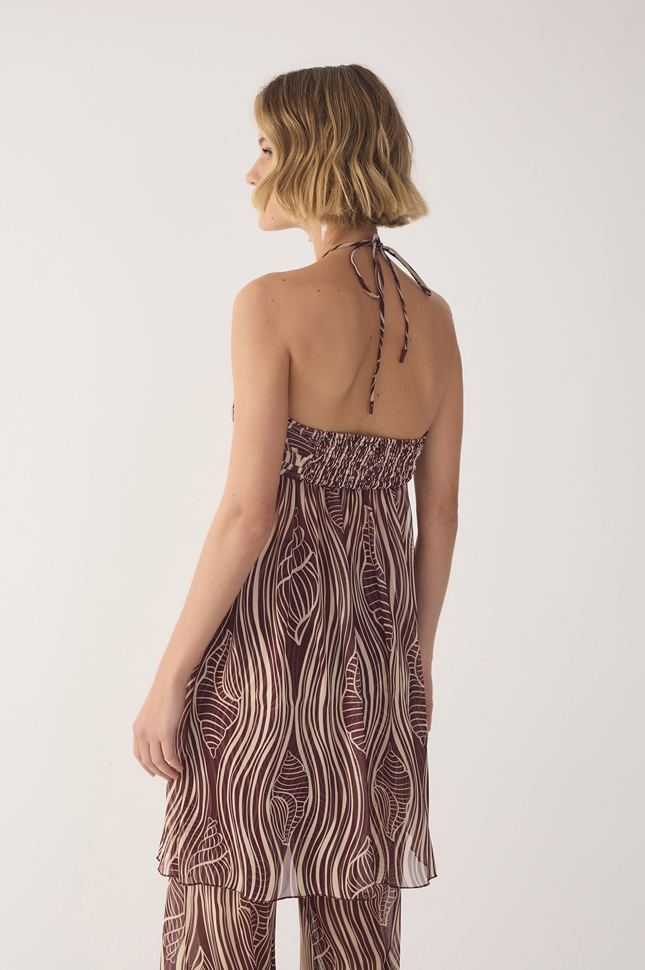 Brown Som Halter Neck Ruched Mesh Tunic