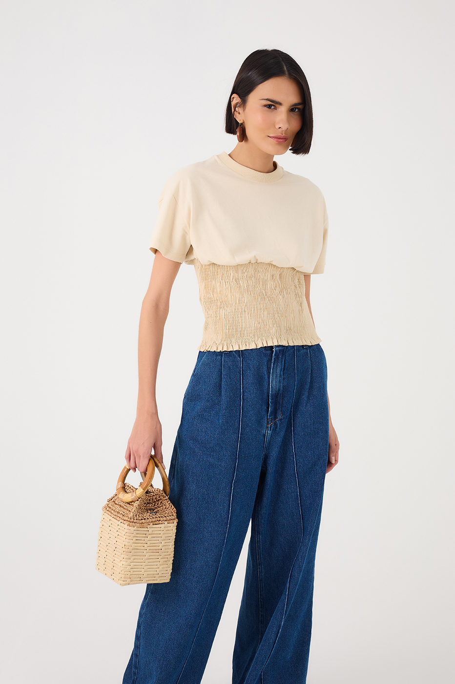 Off White Waist Smocked T-Shirt