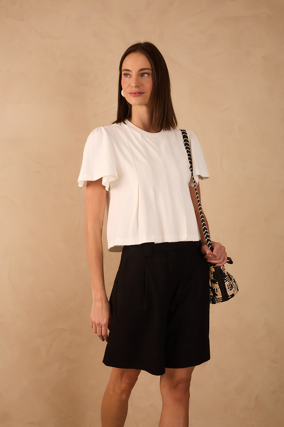 Off-White Pleats Crew Neck Short Sleeve Blouse
