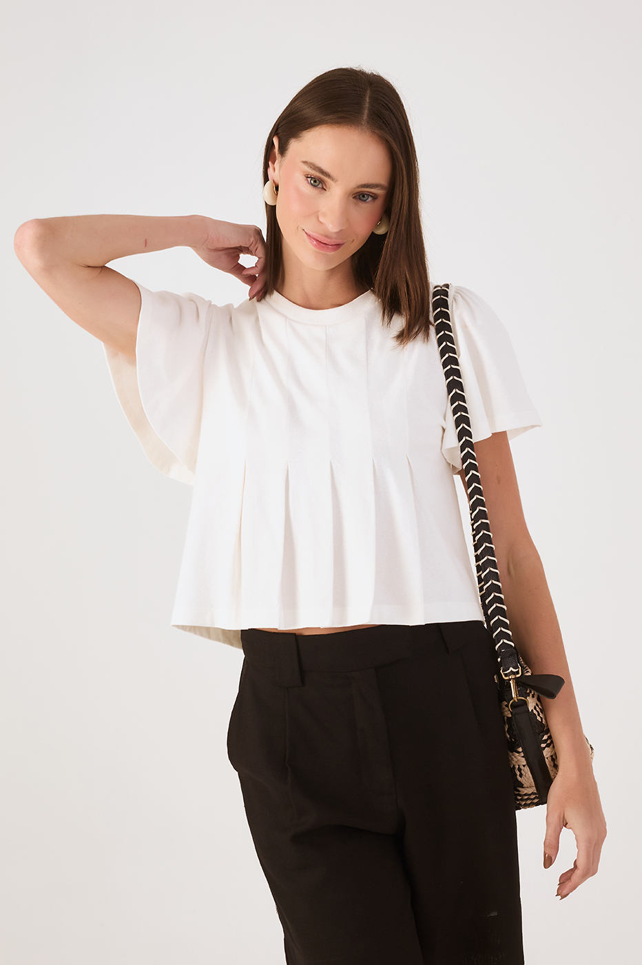 Off-White Pleats Crew Neck Short Sleeve Blouse