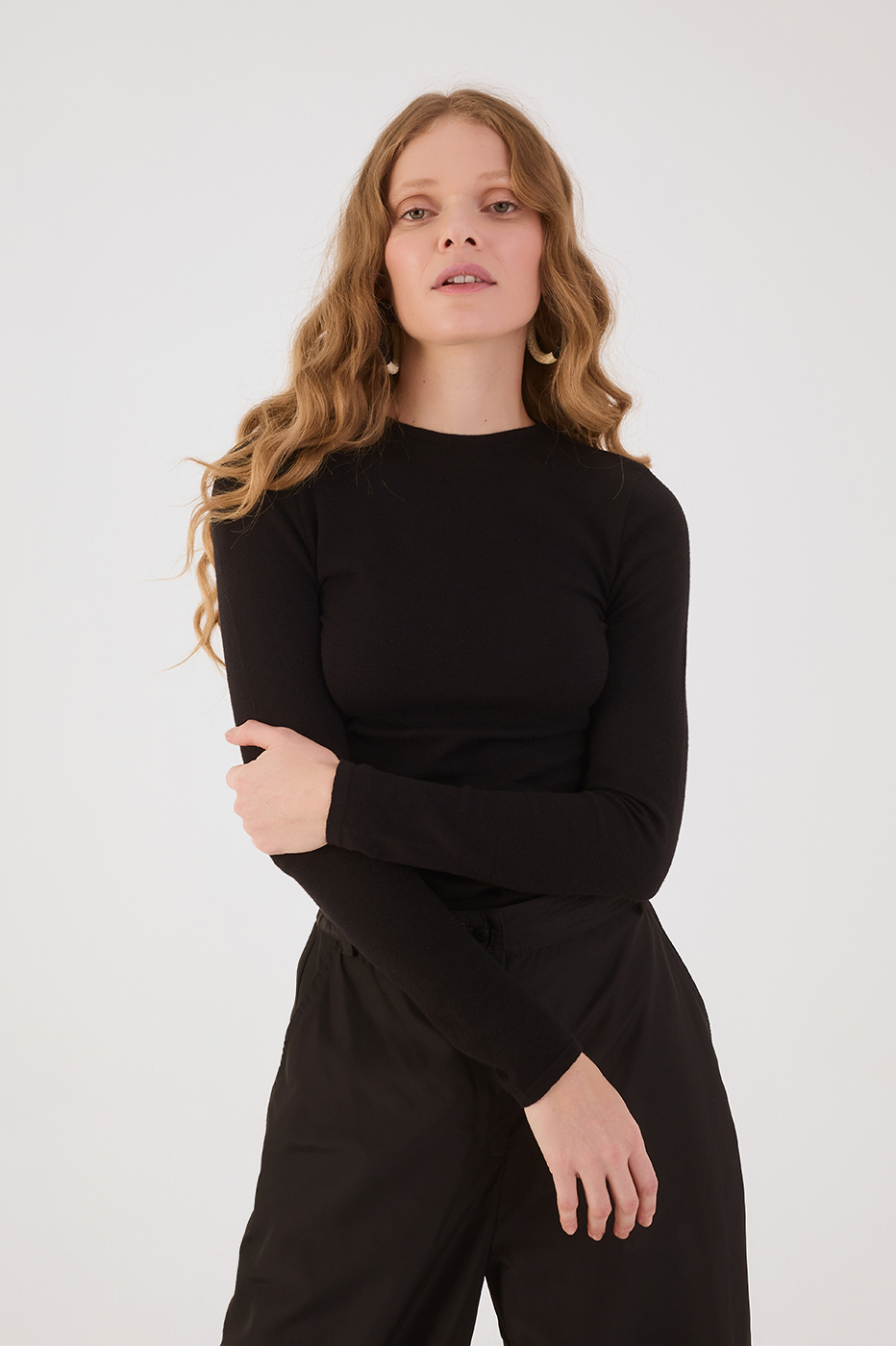 Black Long Sleeve Ruched Tricot Blouse