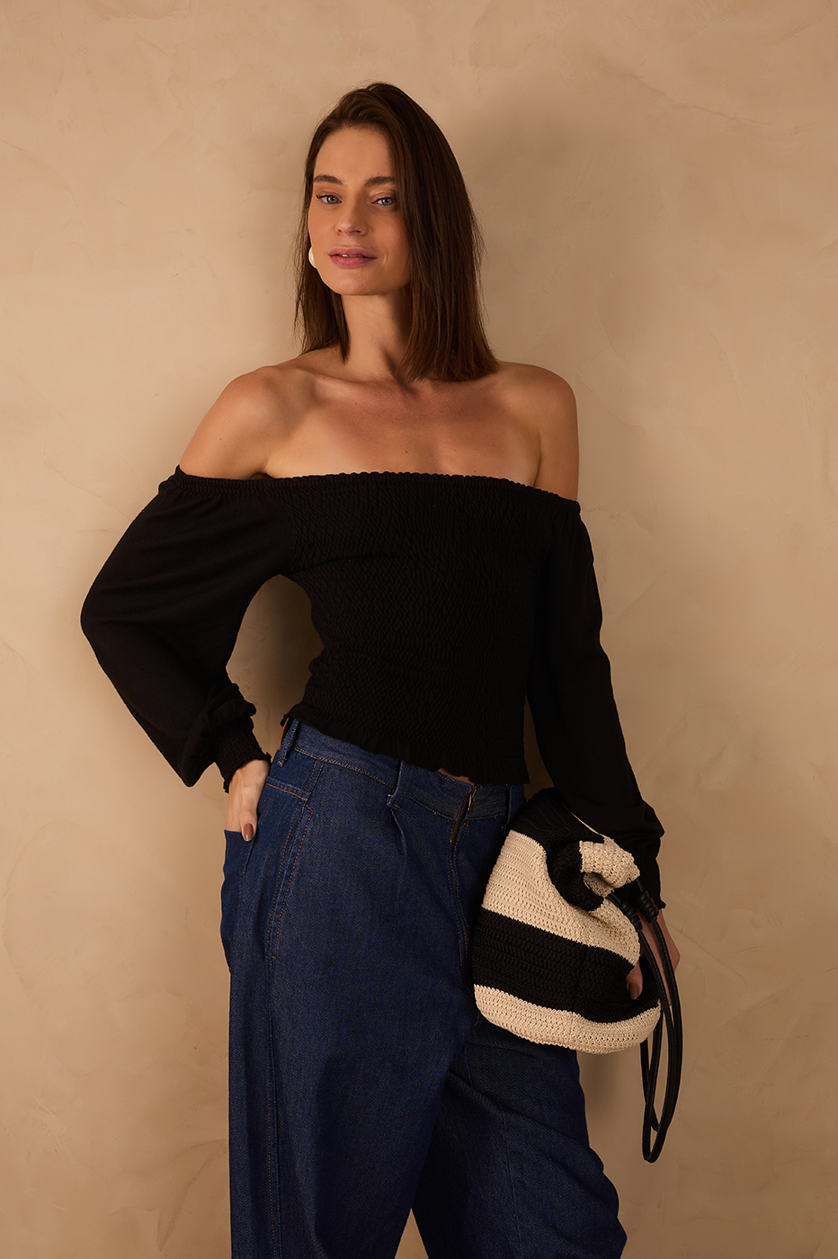 Smocked Sleeve Knit Blouse