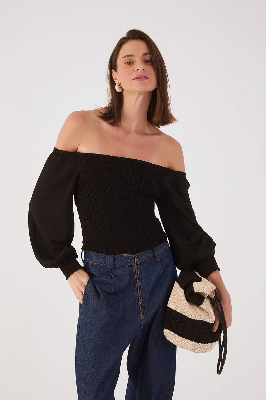 Smocked Sleeve Knit Blouse