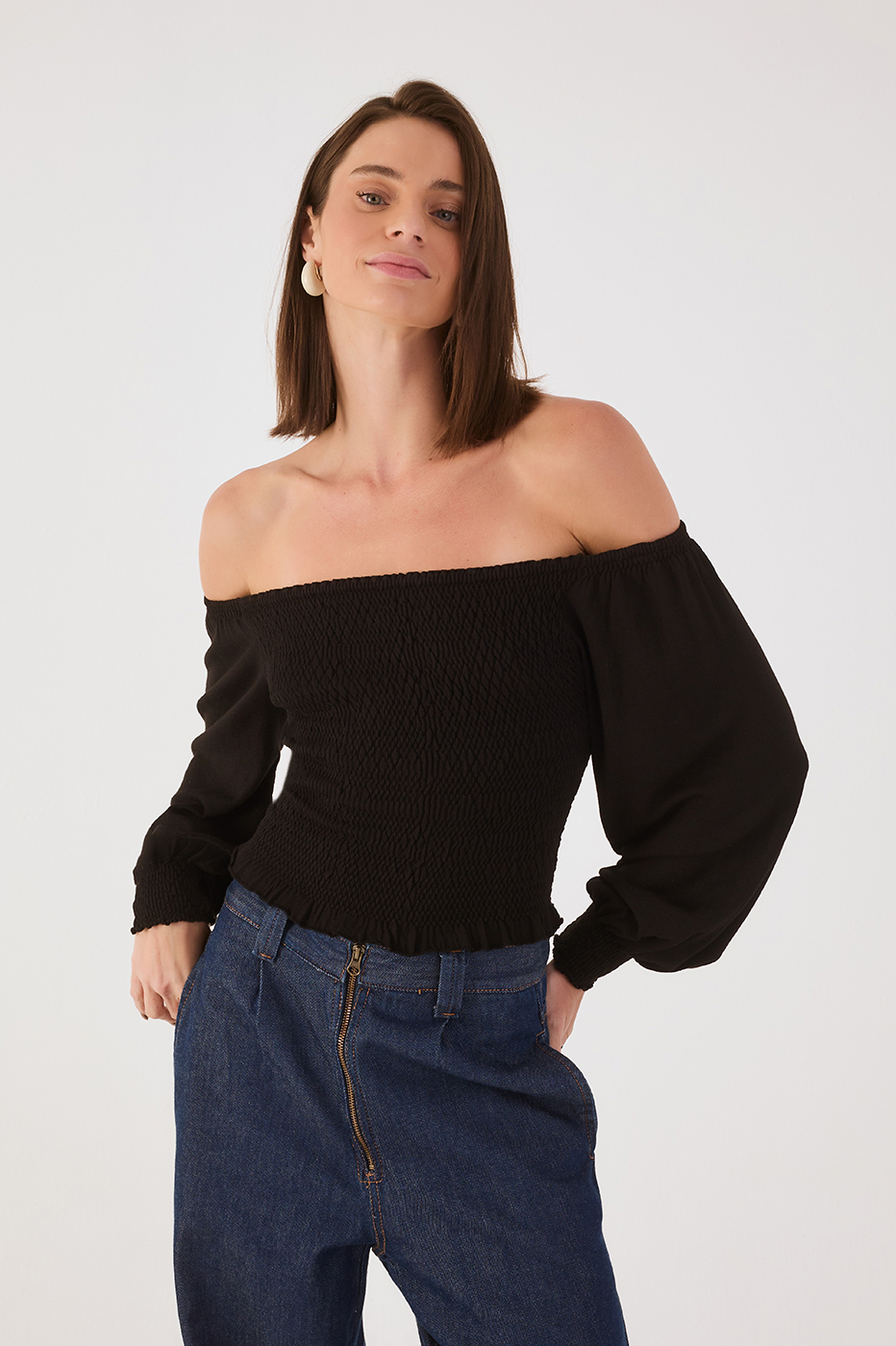 Smocked Sleeve Knit Blouse