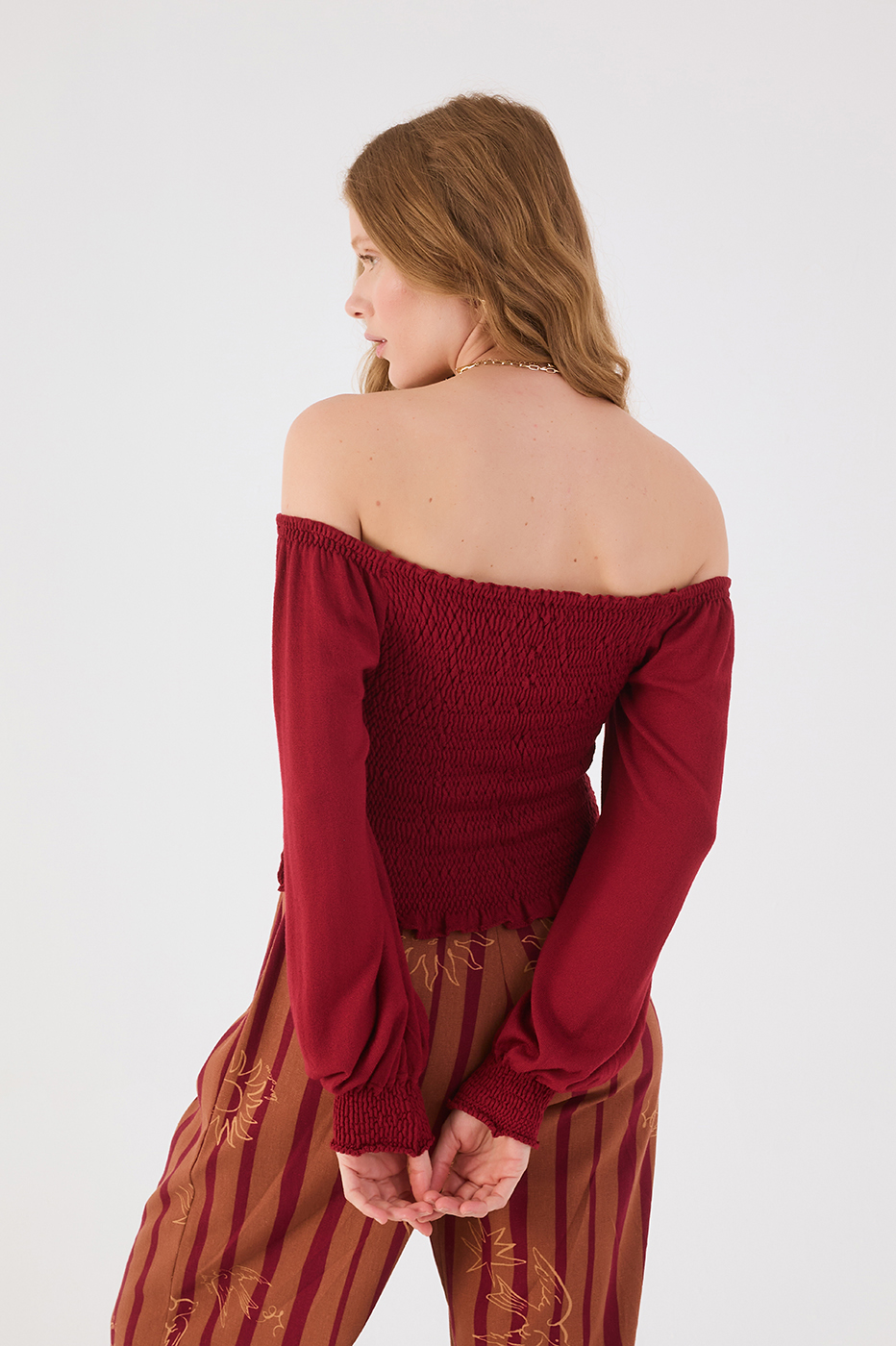 Smocked Sleeve Knit Blouse