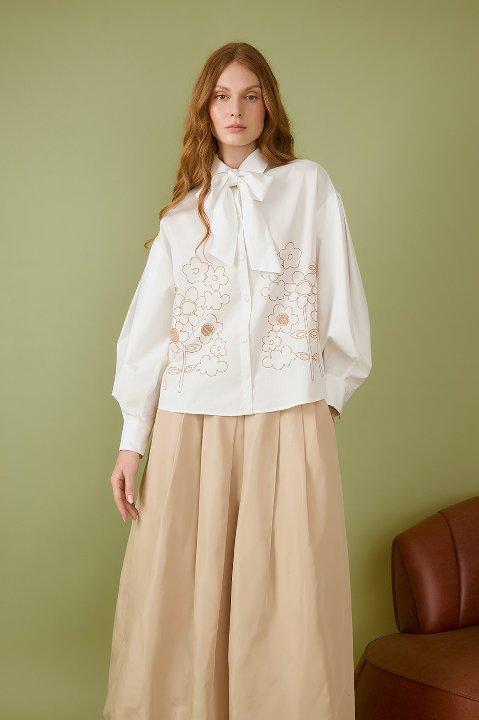 Pleated Embroidered Cotton Shirt
