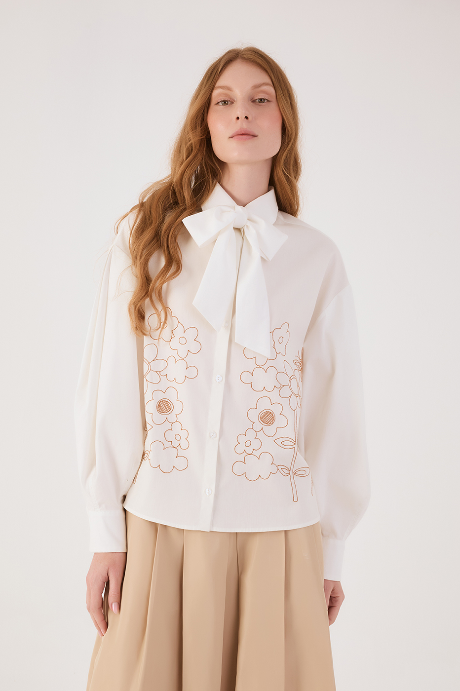Pleated Embroidered Cotton Shirt
