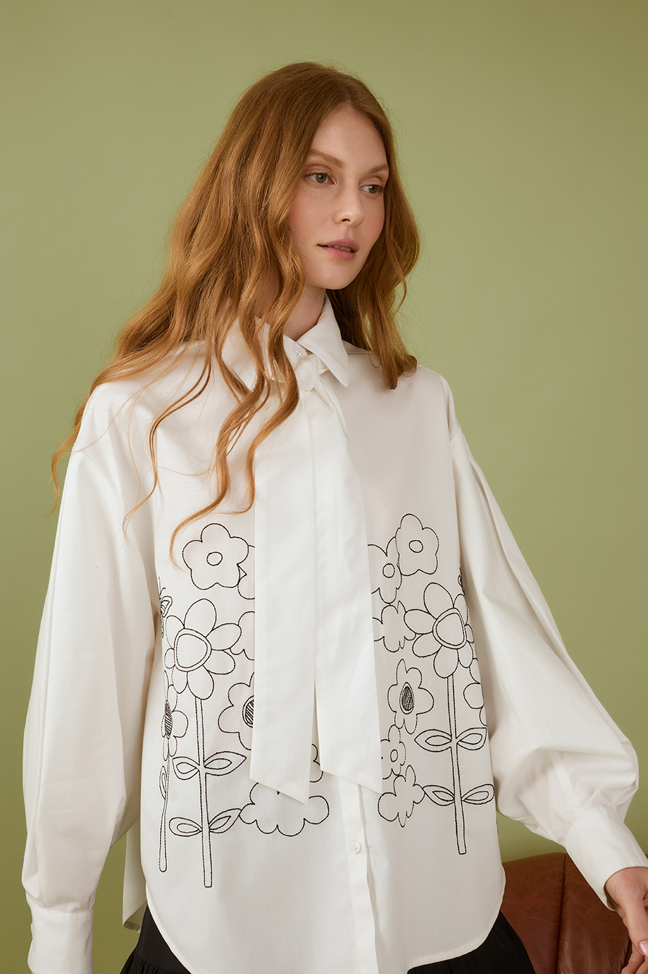 Black Pleated Embroidered Cotton Shir