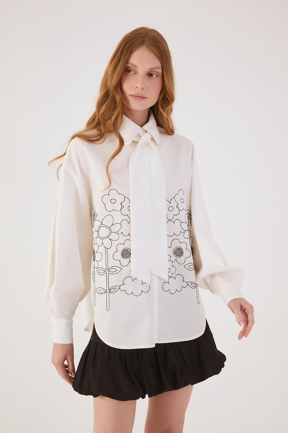 Black Pleated Embroidered Cotton Shir