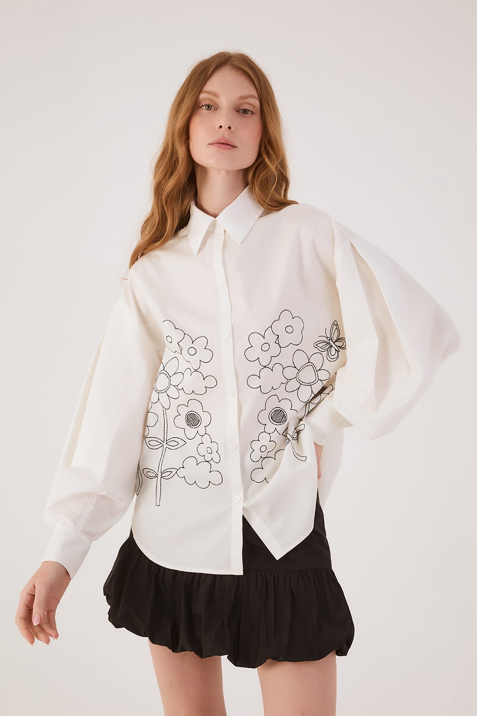 Black Pleated Embroidered Cotton Shir