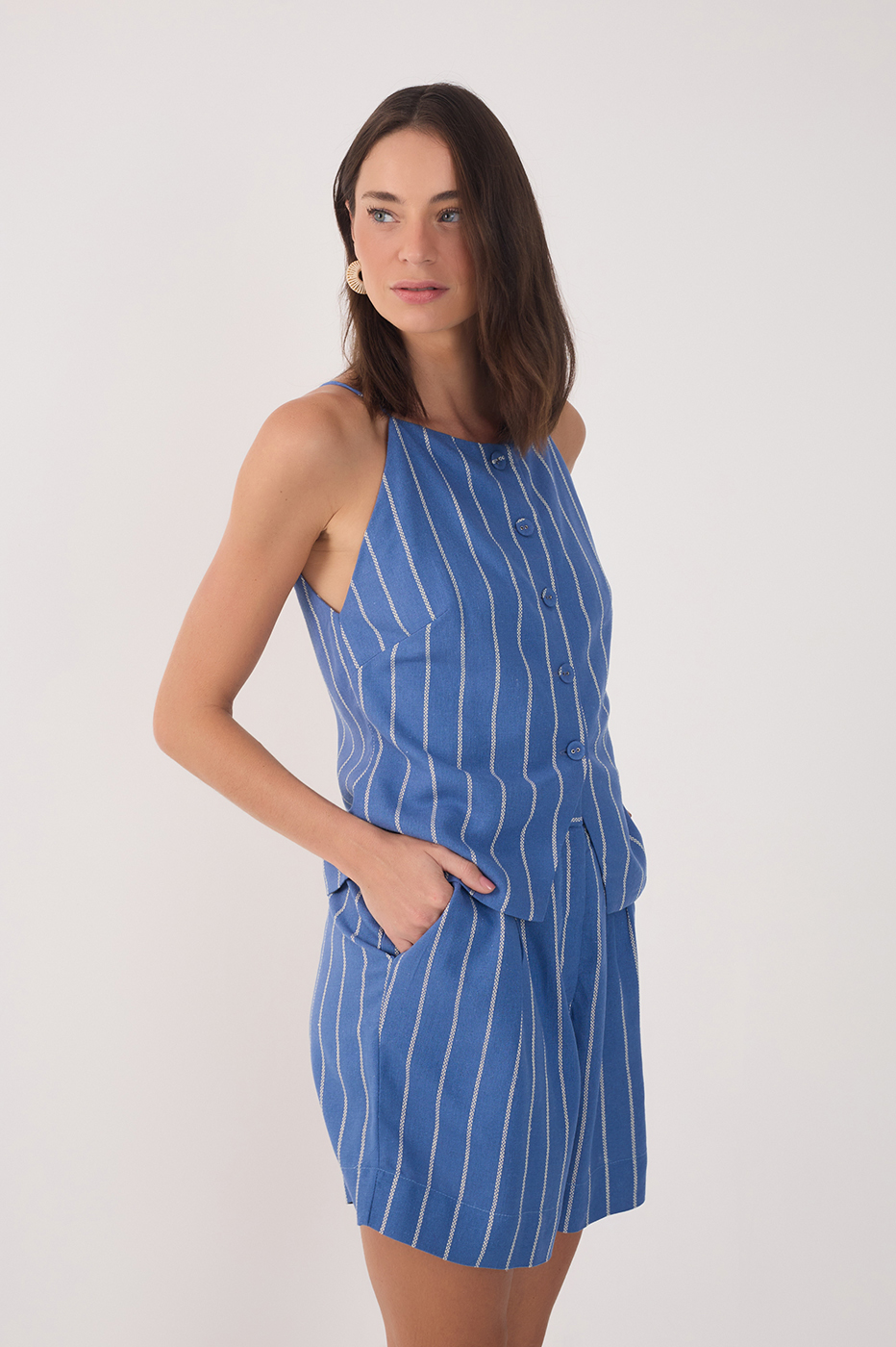 Blue  Buttoned Sleeveless Linen Blouse