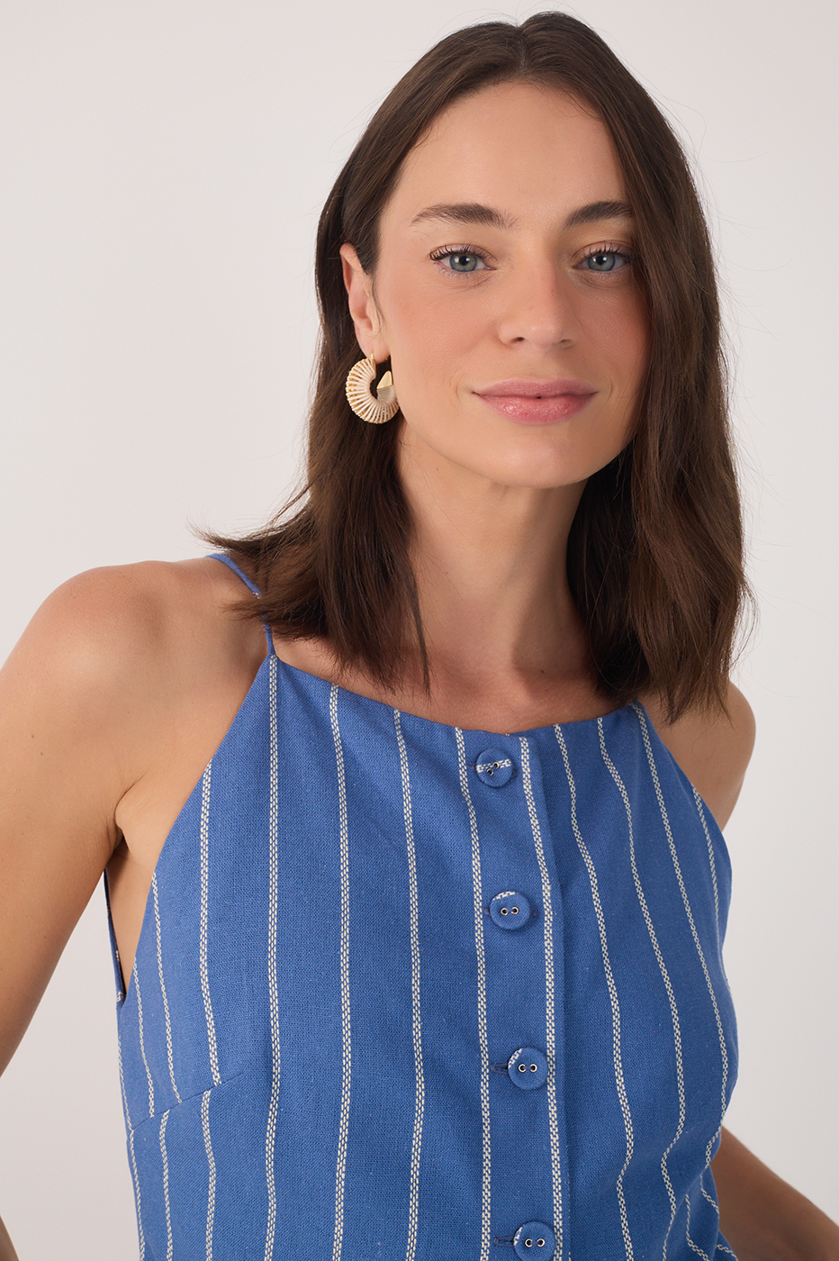 Blue  Buttoned Sleeveless Linen Blouse