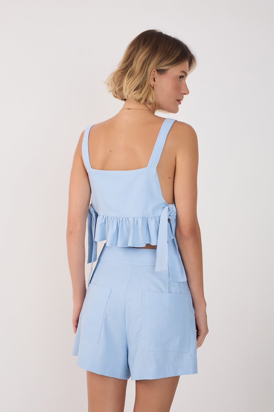 Blue Square Neck Side Ties Ruffled Blouse