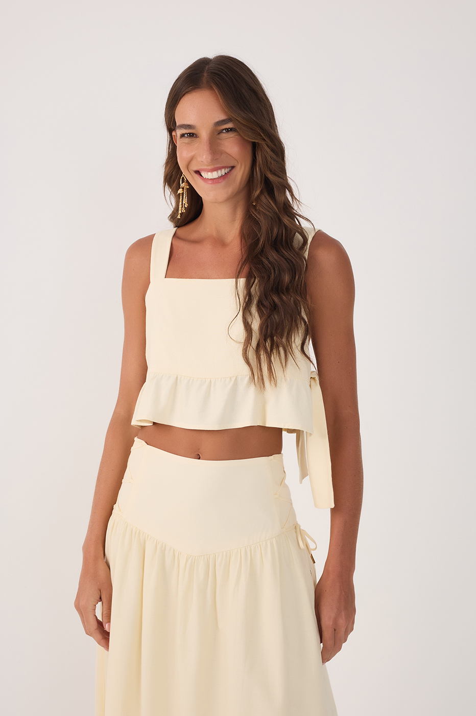 Beige Square Neck Side Ties Ruffled Blouse