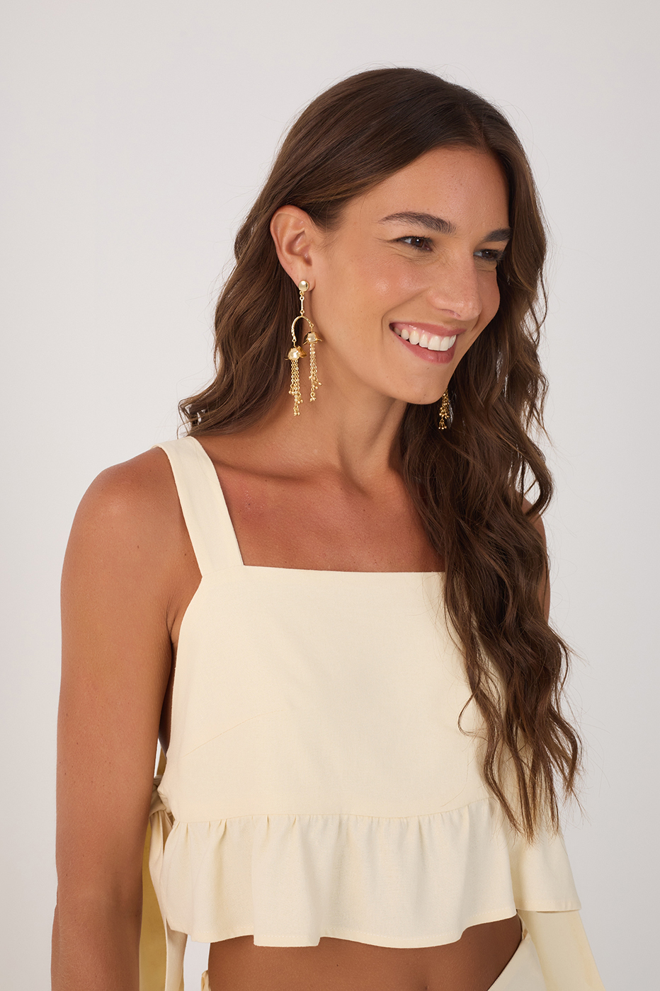Beige Square Neck Side Ties Ruffled Blouse