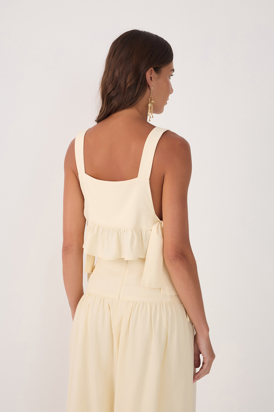 Beige Square Neck Side Ties Ruffled Blouse