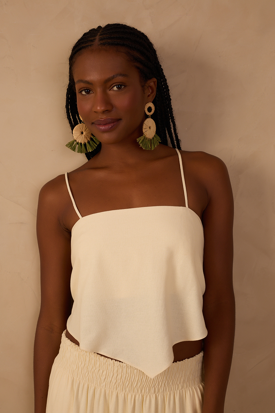 Beige Square Neck Straps Linen Crop Top