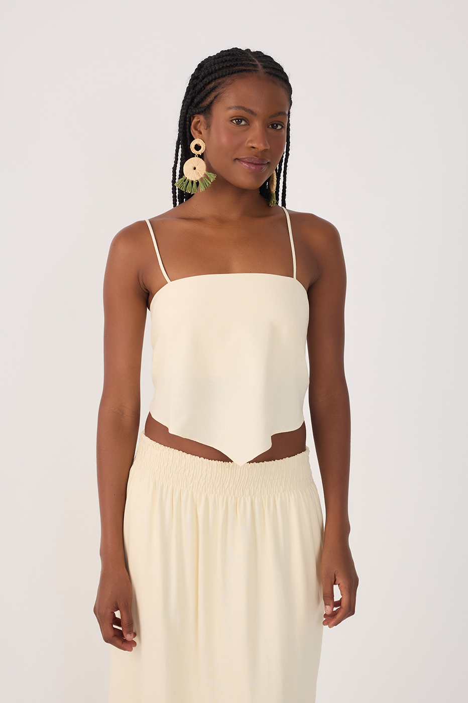 Beige Square Neck Straps Linen Crop Top