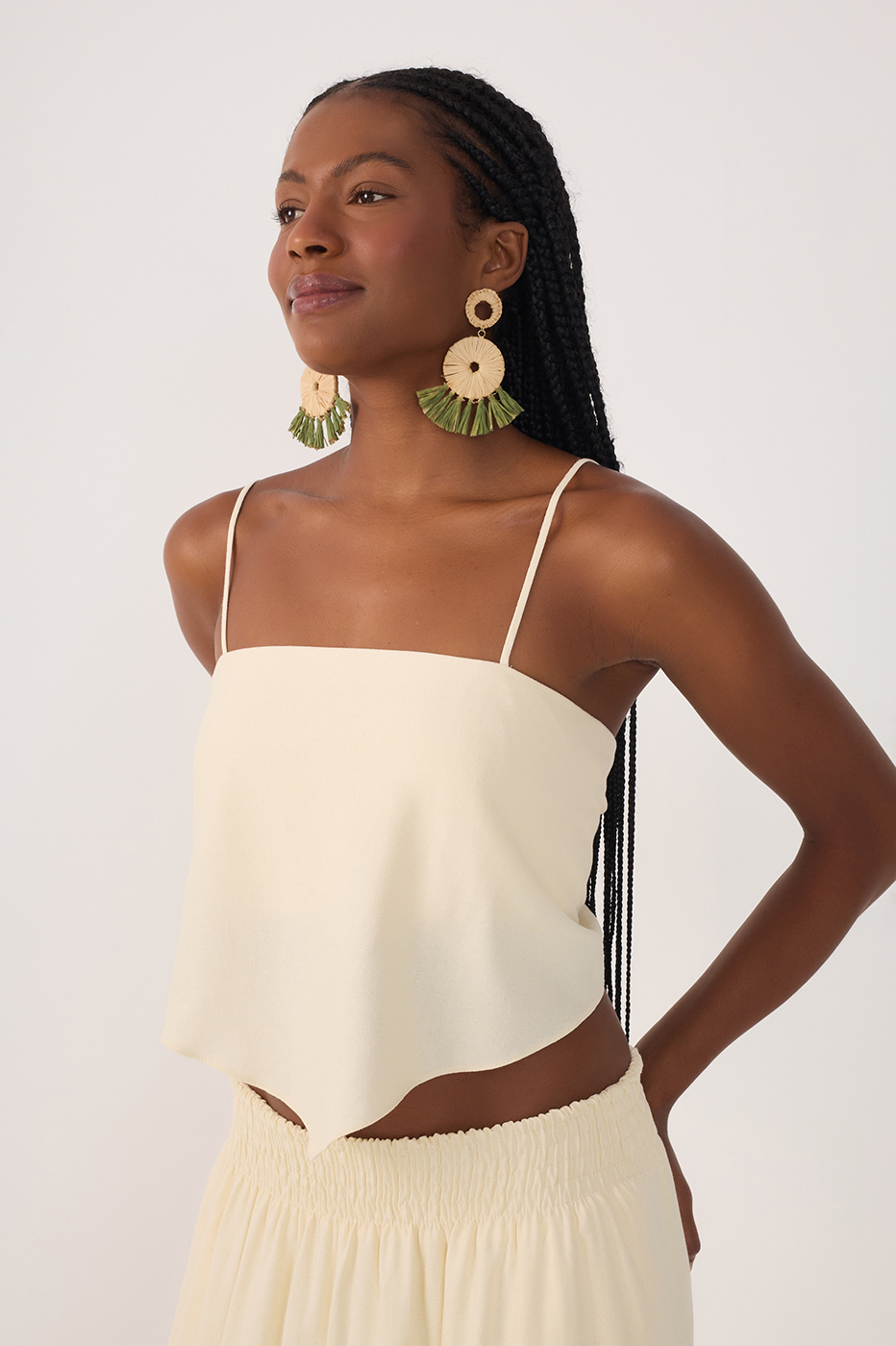 Beige Square Neck Straps Linen Crop Top