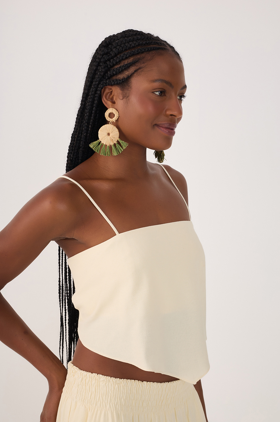 Beige Square Neck Straps Linen Crop Top