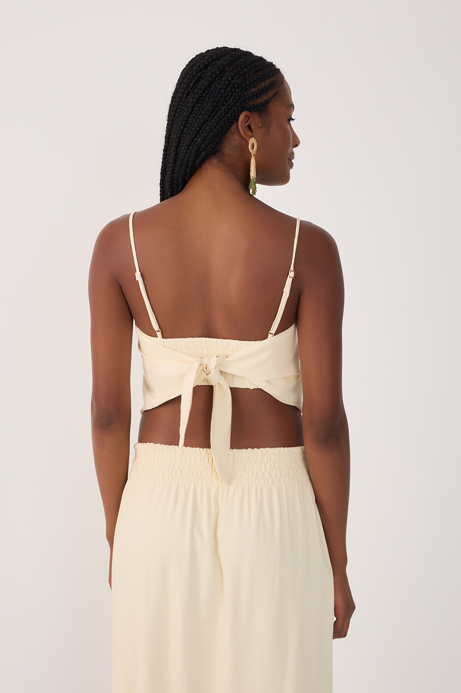 Beige Square Neck Straps Linen Crop Top