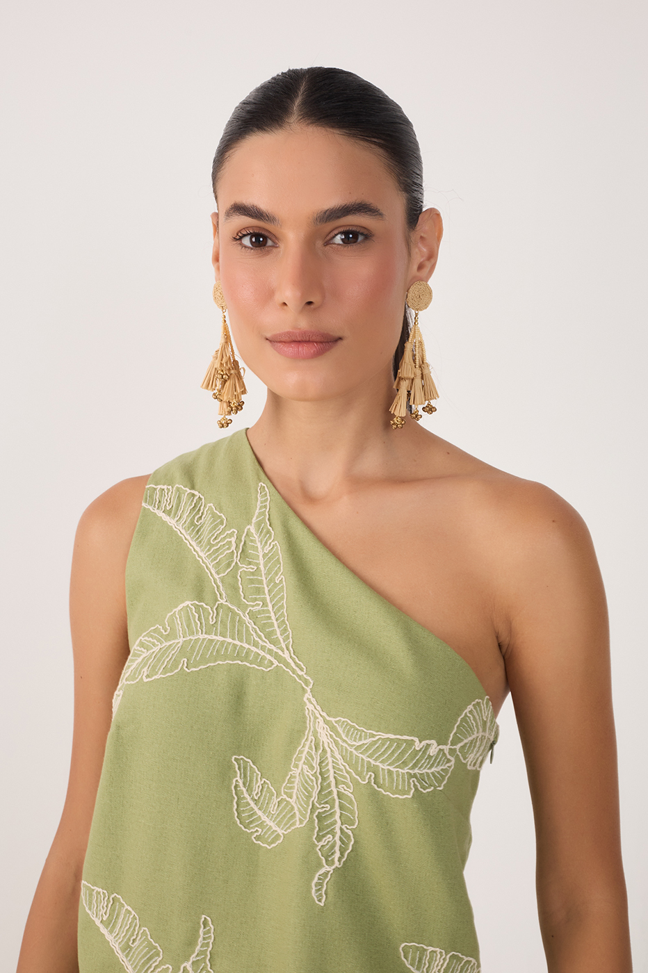Green Embroidered One-Shoulder Blouse
