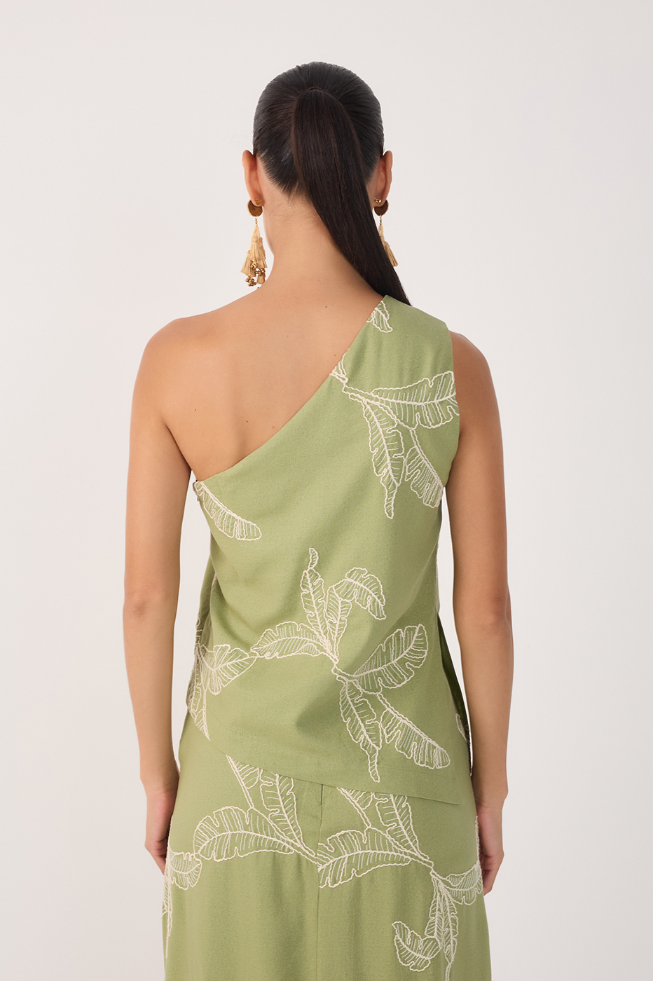 Green Embroidered One-Shoulder Blouse