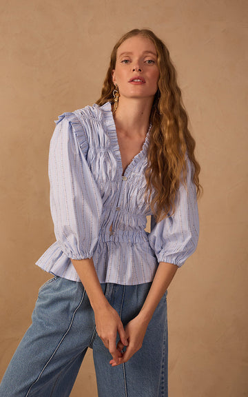 Blue Ruffled Buttoned Puff Sleeve Blouse