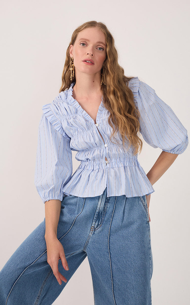 Blue Ruffled Buttoned Puff Sleeve Blouse