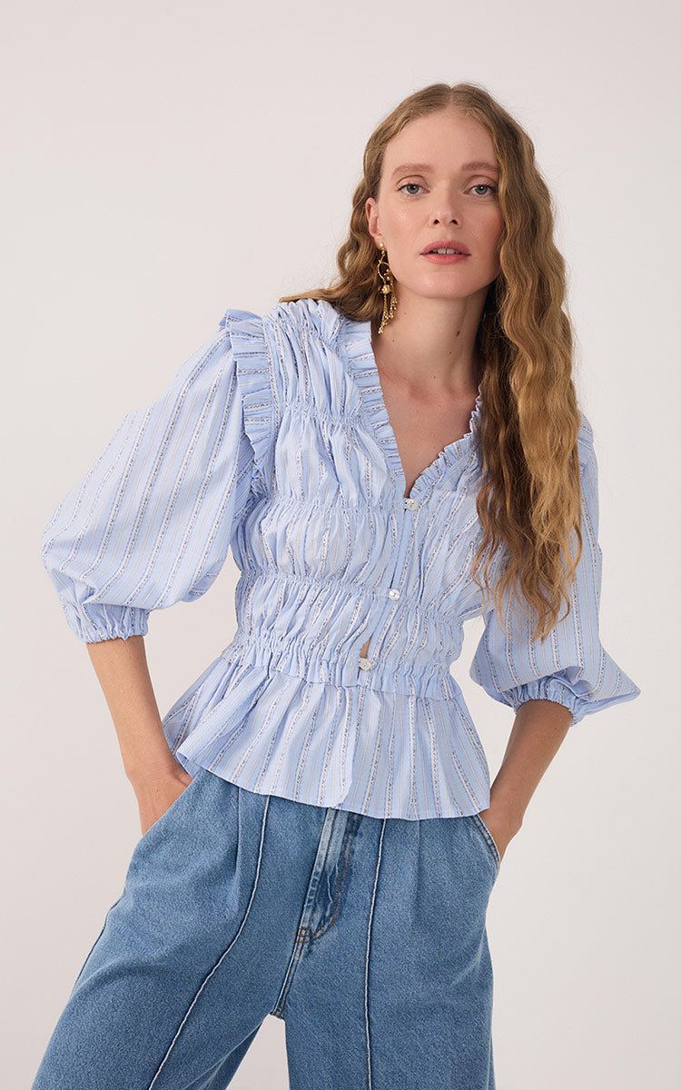 Blue Ruffled Buttoned Puff Sleeve Blouse