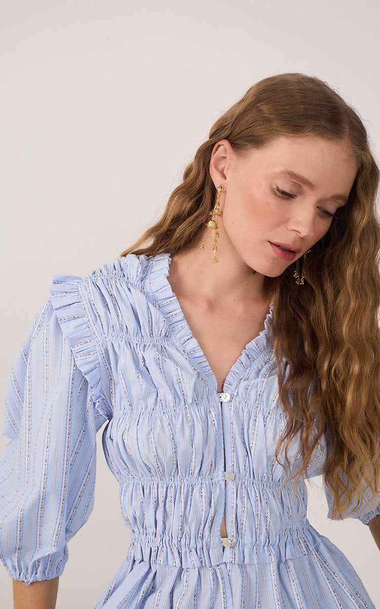 Blue Ruffled Buttoned Puff Sleeve Blouse