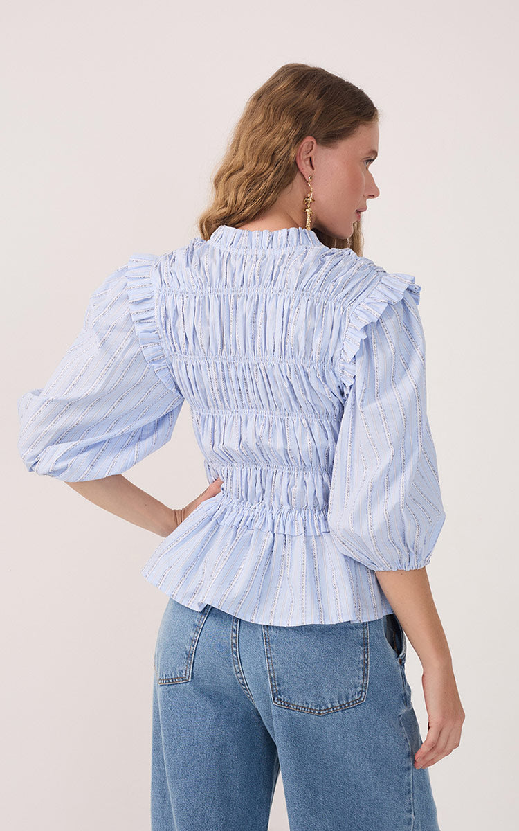Blue Ruffled Buttoned Puff Sleeve Blouse