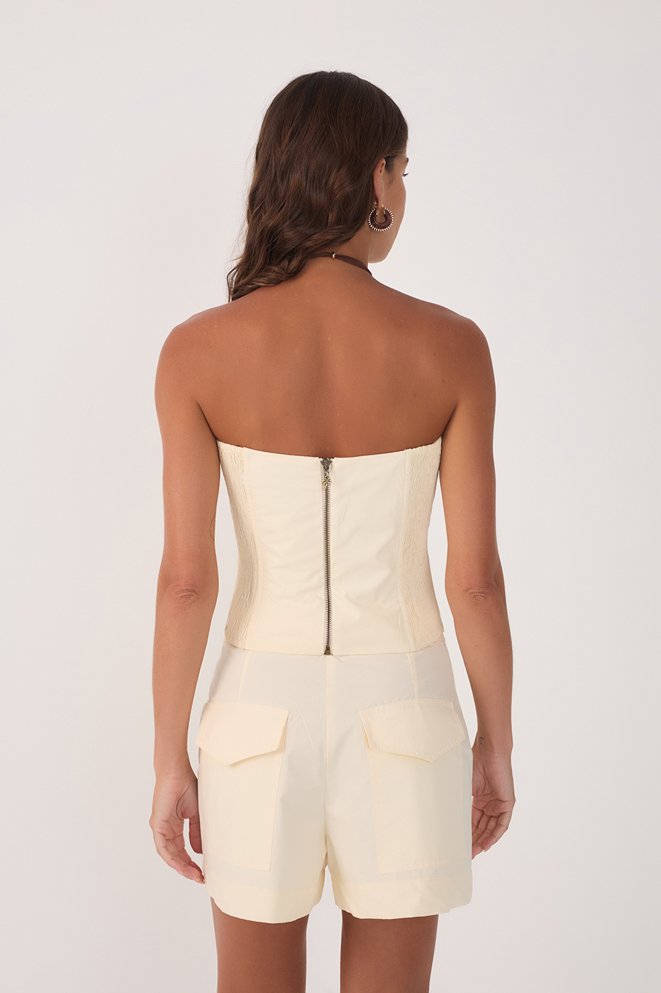 Beige Topstitching  Strapless Smocked Top