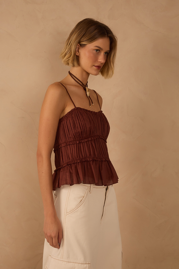Brown Smocked Sleeveless Draped Blouse