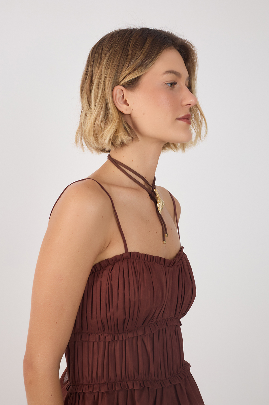 Brown Smocked Sleeveless Draped Blouse