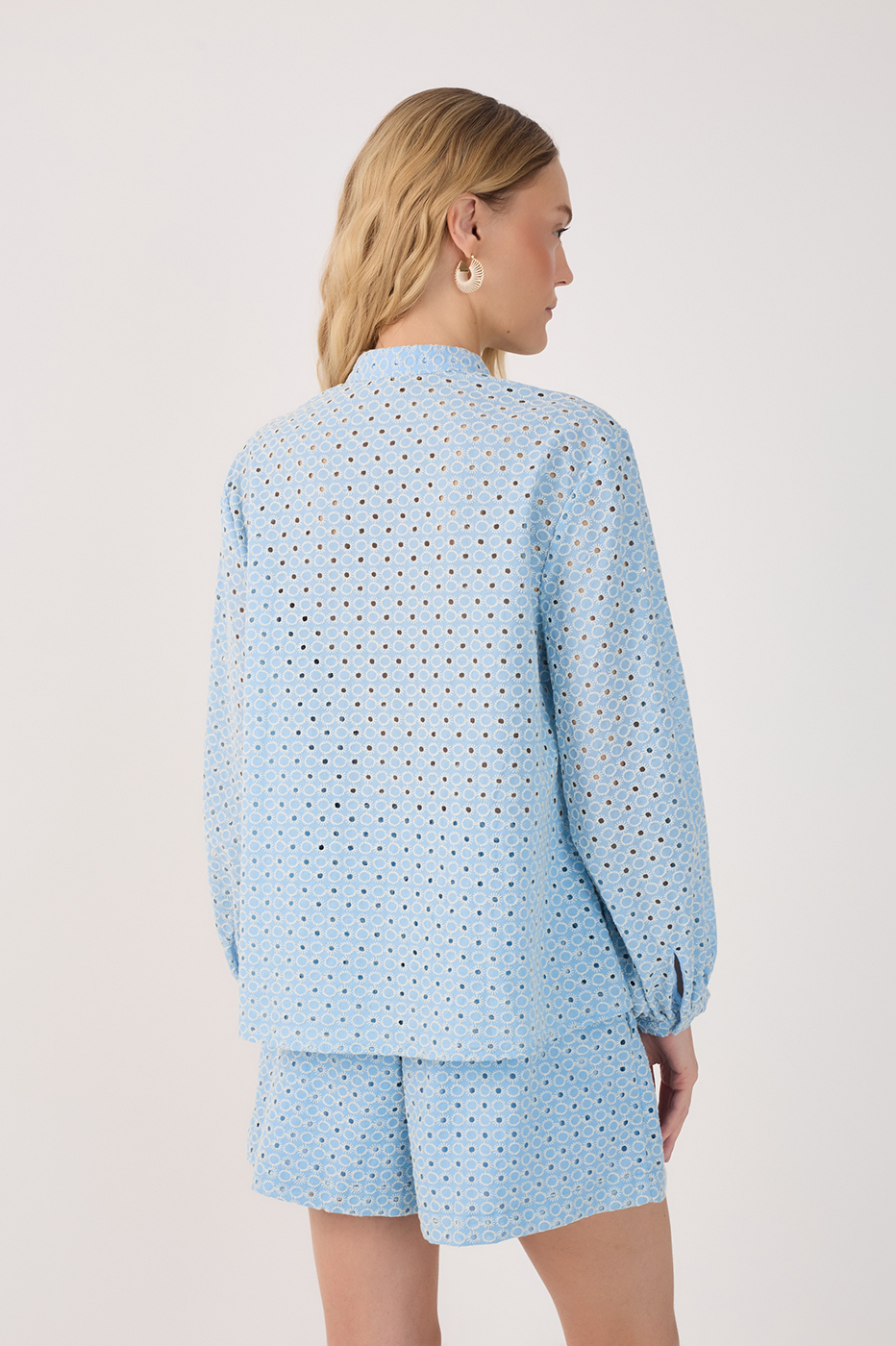 Blue Eyelet Balloon Sleeve Blouse
