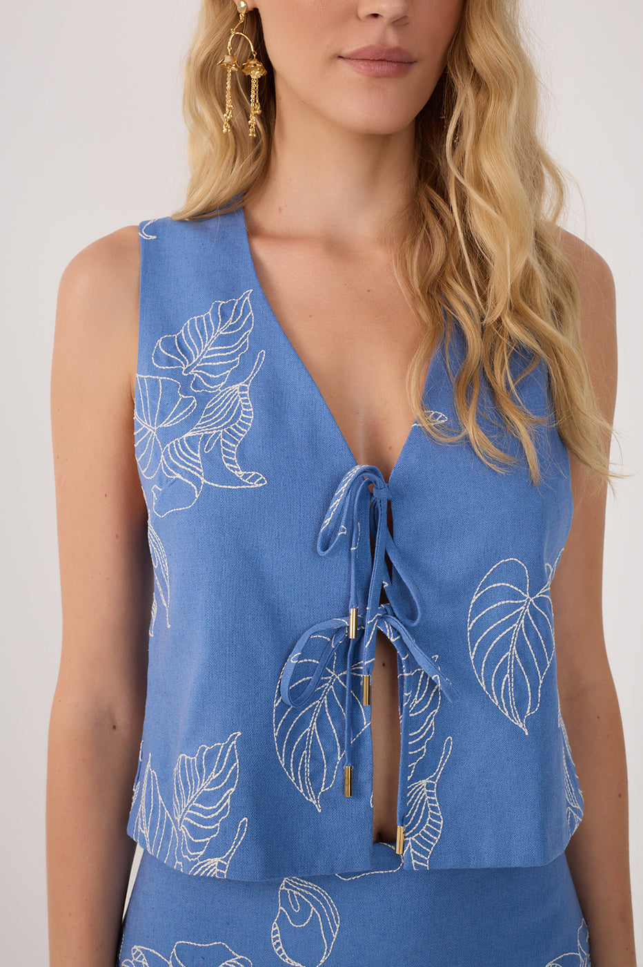 Blue Embroidered V Neck Linen Blouse