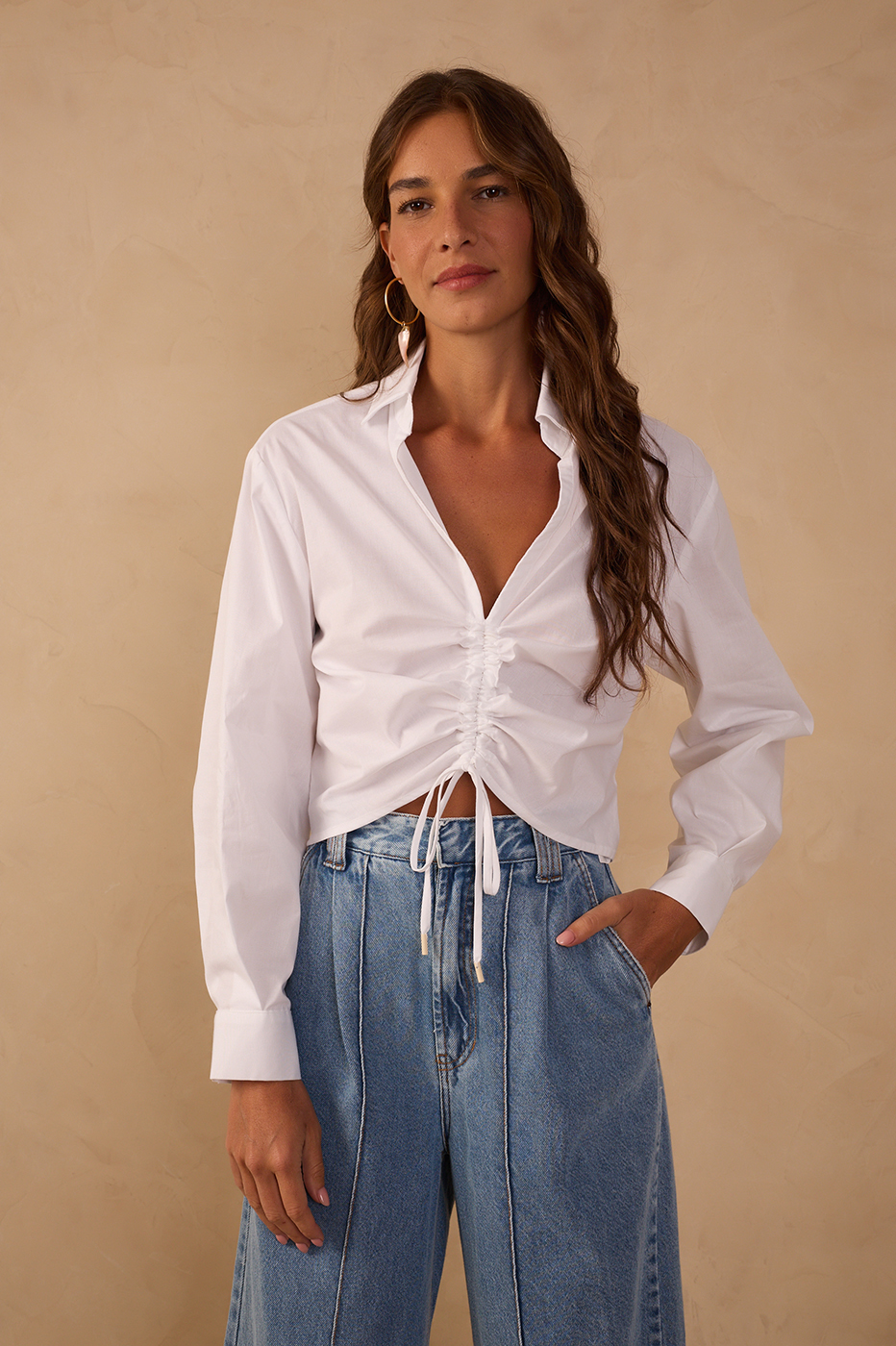 White Ruched Collared Long Sleeve Blouse