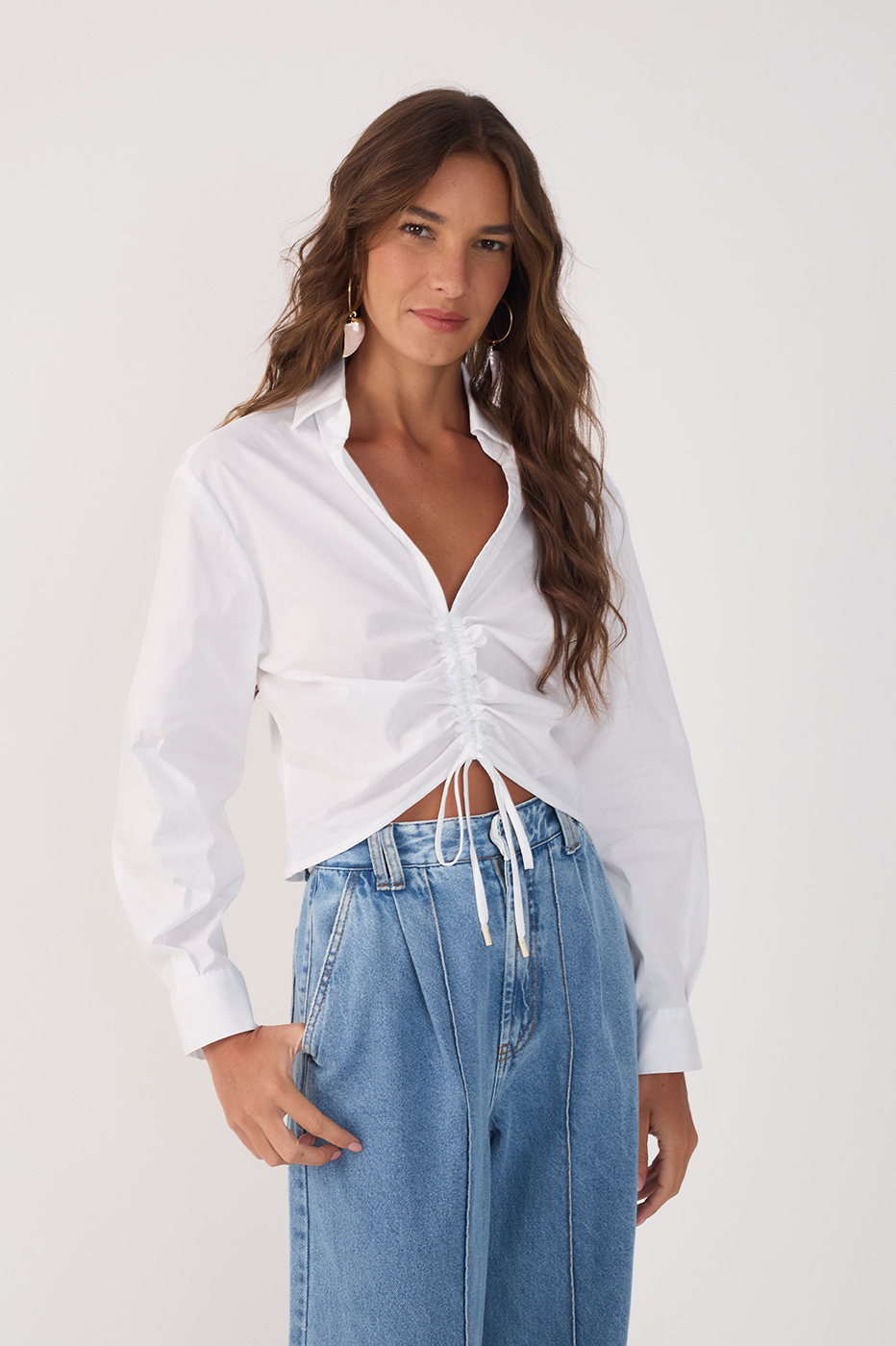 White Ruched Collared Long Sleeve Blouse