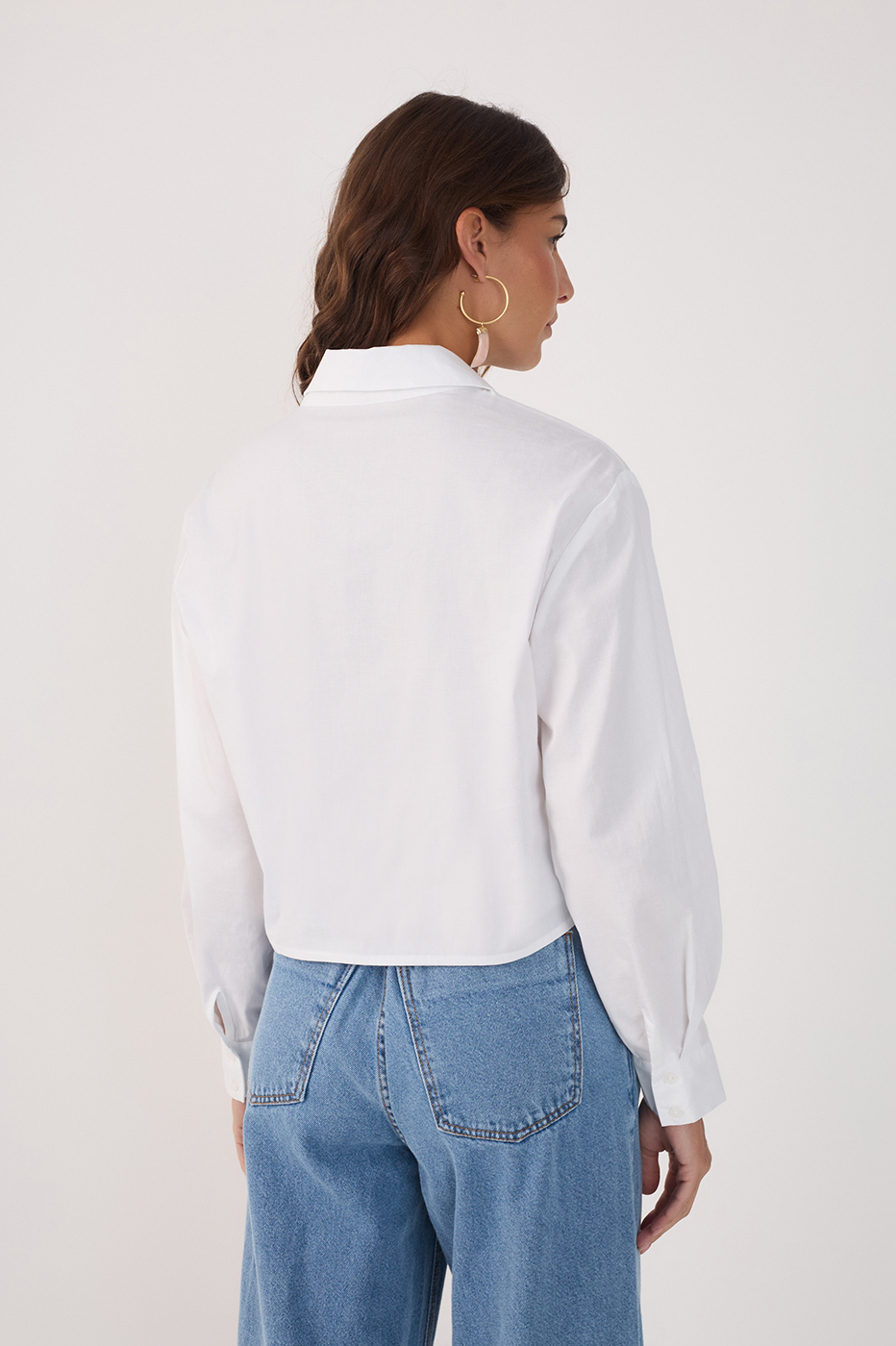 White Ruched Collared Long Sleeve Blouse