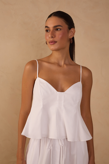 White V Neck Sleeveless Cotton Peplum Top